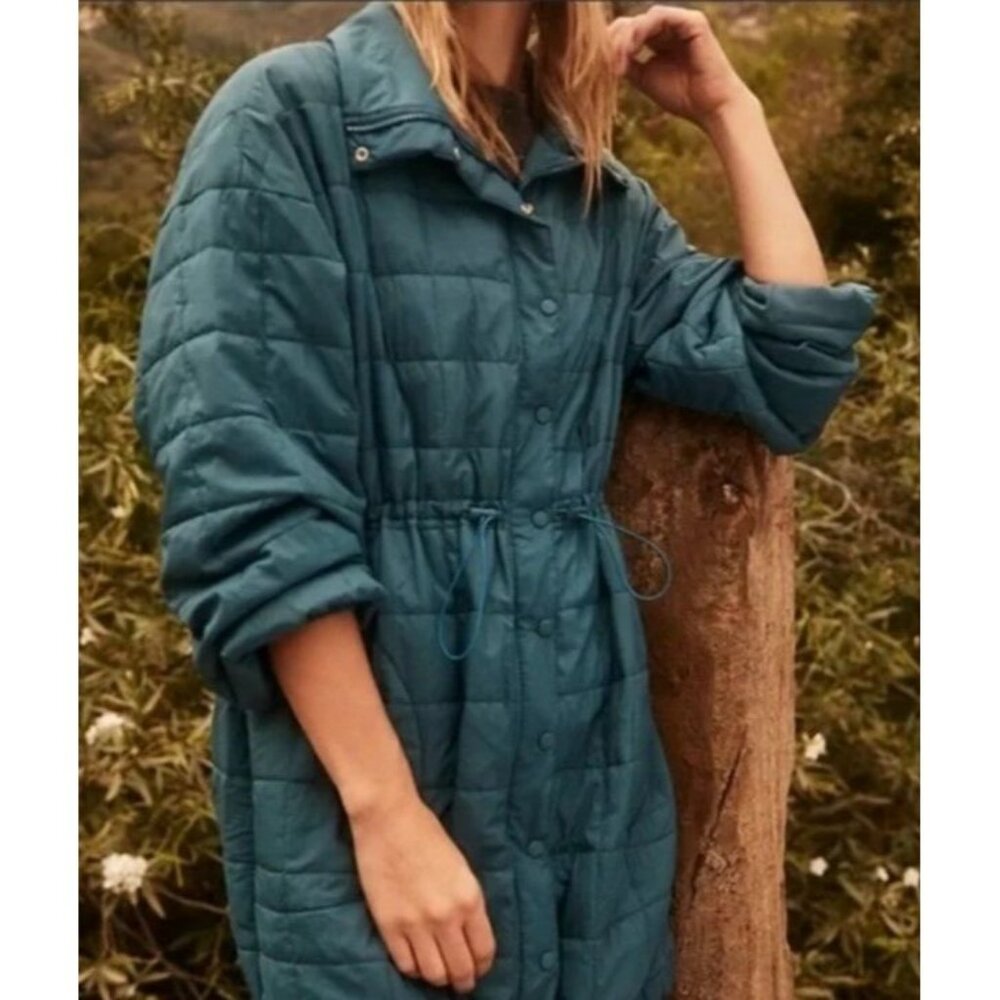 Free People Teal Quilted Long Puffer Jacket